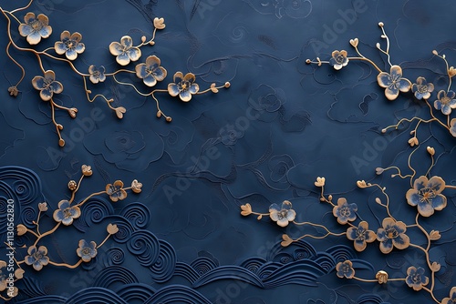 Elegant Gold Floral Branches on Dark Blue Textured Background