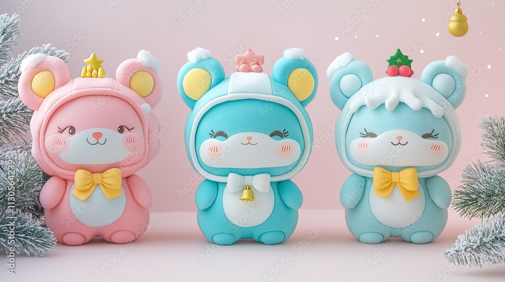 Three adorable cartoon mice in winter outfits. Three adorable cartoon mice in winter outfits.