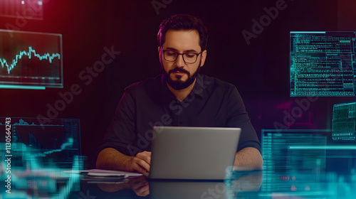 Programming coding and man with focus, hologram and trading with cyber security, futuristic and research. Male person, investor and employee with data analysis, server or investment with website info photo