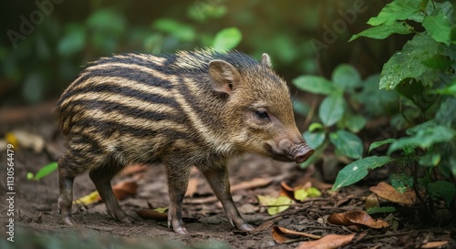 Young striped wild boar piglet exploring lush forest underbrush photo