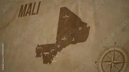 Vintage Map of MALI with states Borders and Major Cities Positions photo