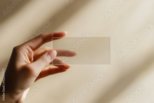 A hand delicately holding a clear rectangular transparent card