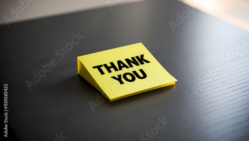 Yellow Thank You Card On Dark Wooden Table With Soft Lighting
