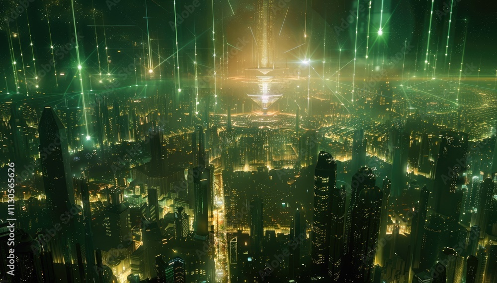 Fototapeta premium Futuristic Cityscape Illuminated By Green Energy Beams