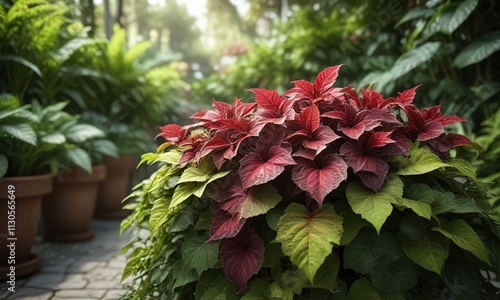 Coleus blumei solenostemon kong empire plant in a garden with other tropical plants, coleus blumei, tropical plants, kong empire photo