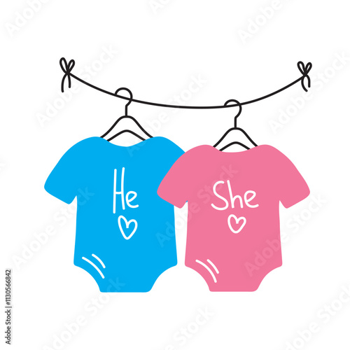Gender reveal baby onesies: cute blue and pink outfits hanging on clothesline