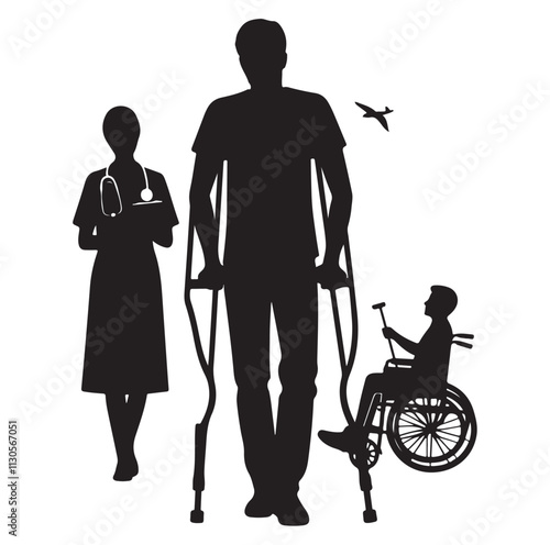 Patient with crutch Silhouette vector illustration