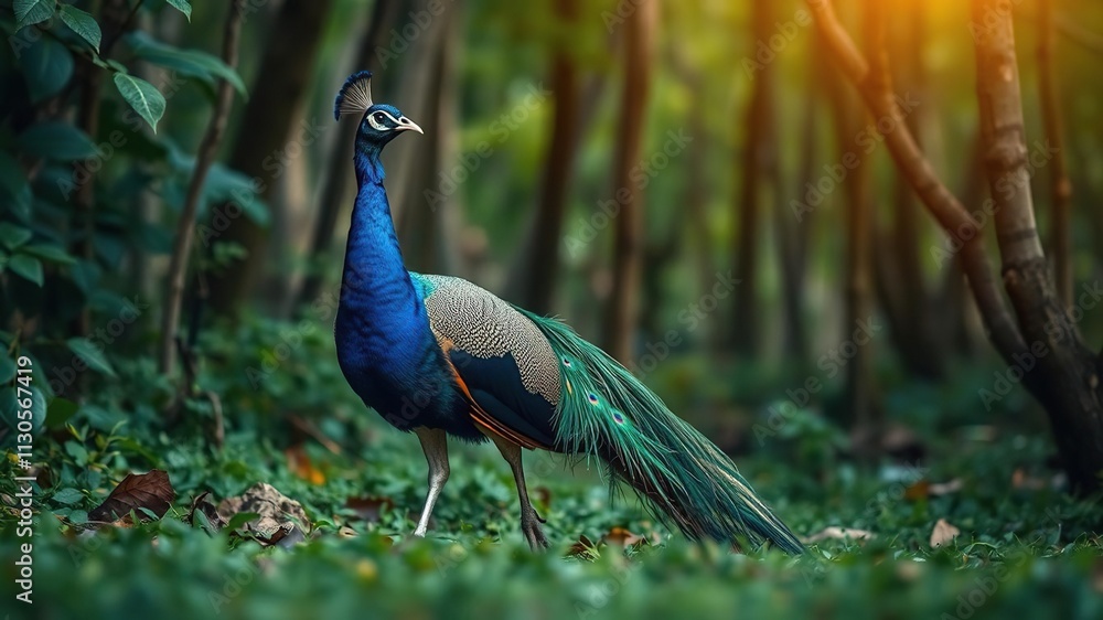 Obraz premium Colorful peacock strutting through the forest, feathered friends, avian behavior