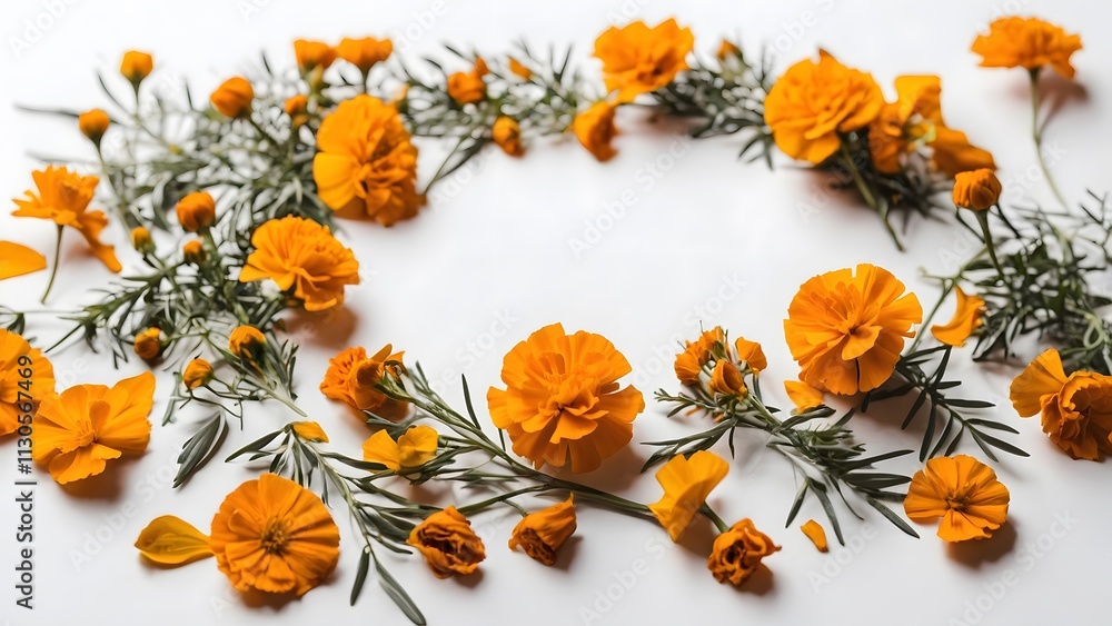 Fototapeta premium Vibrant Marigold Flowers Arranged With Green Foliage on a White Surface