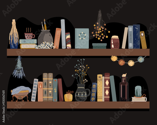 Old book shelves with vintage books, tincture bottle, jam and pot with dried flowers. Isolated design element for fairy and retro interiors