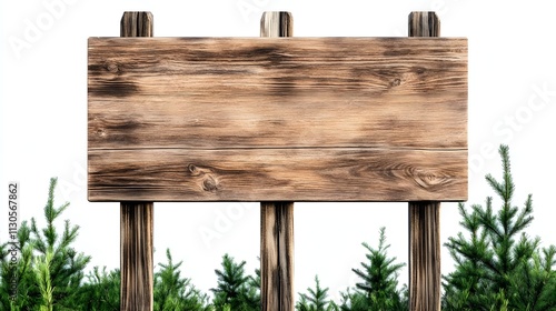 Empty Wooden Signboard Surrounded by Lush Green Pine Trees Against White Background for Customization and Creative Outdoor Signage Use photo