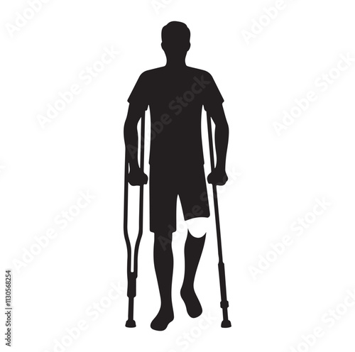Patient with crutch Silhouette vector illustration