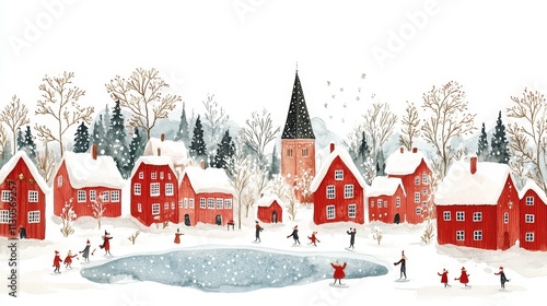Enchanting watercolor illustration depicting a snowy town in Norway, red wooden houses, children playing, ice skating on an ice lake, Christmas decorations, and trees covered in white frost
