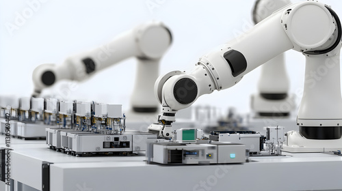 Mechanized industry robot and robotic arms for assembly in factory production . Concept of artificial intelligence for industrial revolution and automation manufacturing process . photo