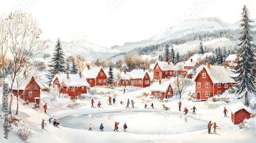 Enchanting watercolor illustration depicting a snowy town in Norway, red wooden houses, children playing, ice skating on an ice lake, Christmas decorations, and trees covered in white frost