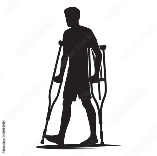 Patient with crutch Silhouette vector illustration