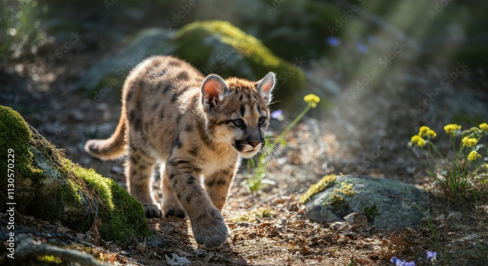 Fototapeta premium Young cougar cub exploring sunlit forest floor among mossy rocks