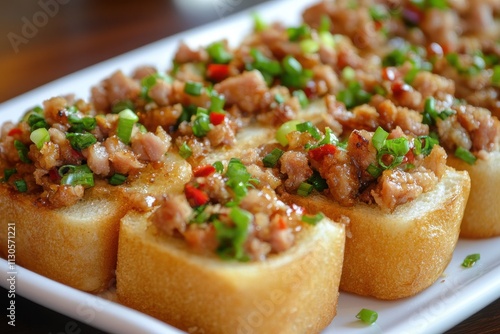 A mouthwatering close up photo of a plate featuring pork toasts photo