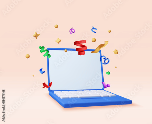 3D party confetti on mobile computer. Render plasticine confetti on laptop. Colorful firecracker elements in various shapes. Party holiday surprise or birthday events. Vector illustration