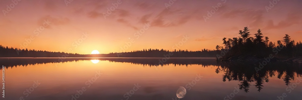 Fototapeta premium An orange-colored sunset with a white moon rising in the sky over a peaceful lake, outdoor landscape, serene environment