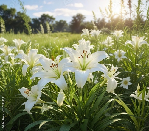 A profusion of pure white lily and rose in a loose, organic arrangement within a sunny open landscape of tall grasses , wildflower mix, landscape photo