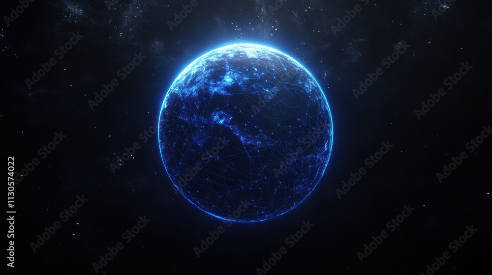Fototapeta premium Blue Glowing Planet in Dark Space with Twinkling Stars and Light