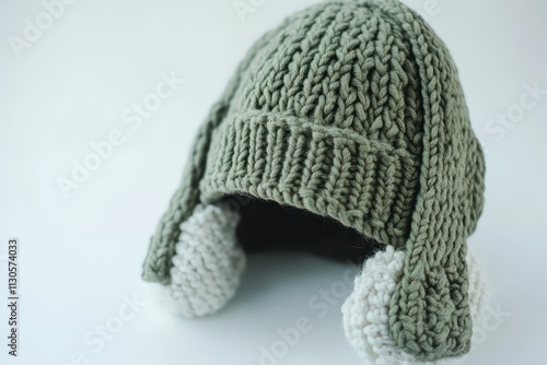 Warm green knit earflap hat with pom-poms isolated on white background photo