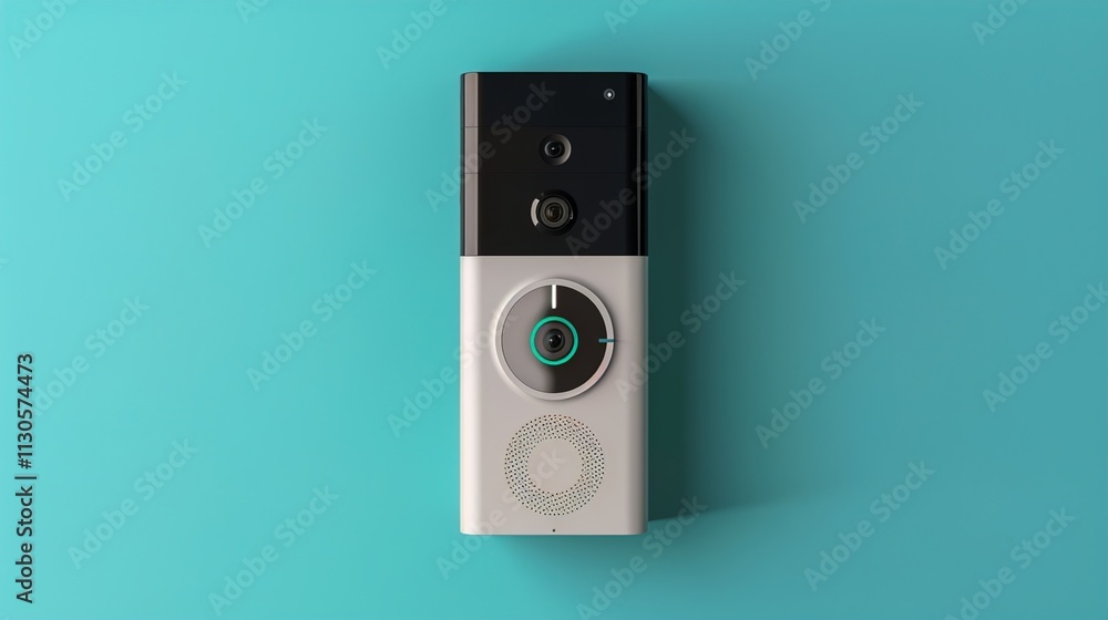 A sleek wireless doorbell with a camera on a solid teal background.