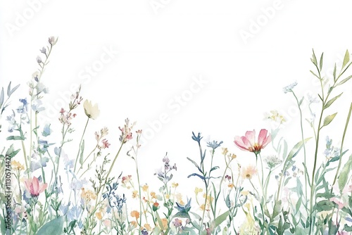 Floral Watercolor in Pastel Tones Over a Meadow Landscape