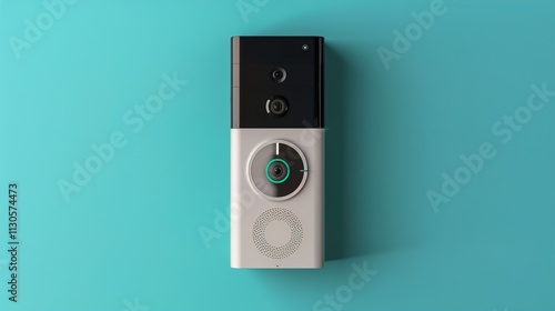 Obraz na płótnie A sleek wireless doorbell with a camera on a solid teal background. w salonie