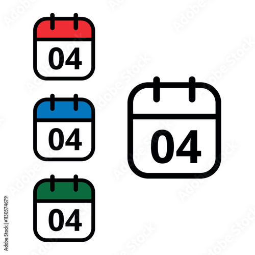 Collection of calendar icons with a specific day marked, one with an open outline and three colored, calendar icons with day 04.