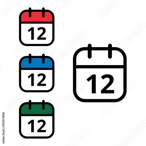 Collection of calendar icons with a specific day marked, one with an open outline and three colored, calendar icons with day 12.