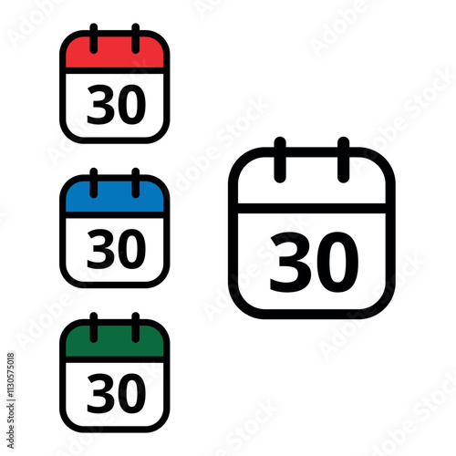 Collection of calendar icons with a specific day marked, one with an open outline and three colored, calendar icons with day 30.