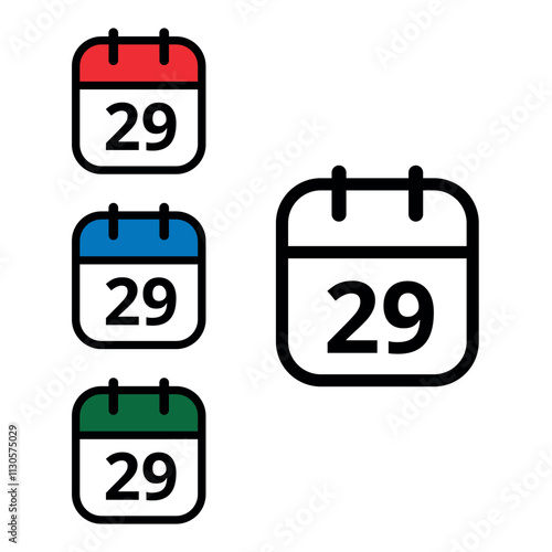 Collection of calendar icons with a specific day marked, one with an open outline and three colored, calendar icons with day 29.