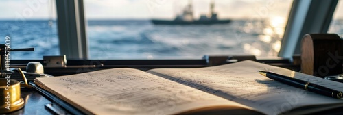Maritime logbook on a ship's desk with ocean view in the background at sunset.