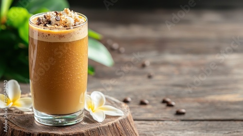 Creamy iced thai coffee drink with whipped topping and coffee beans on wooden table photo