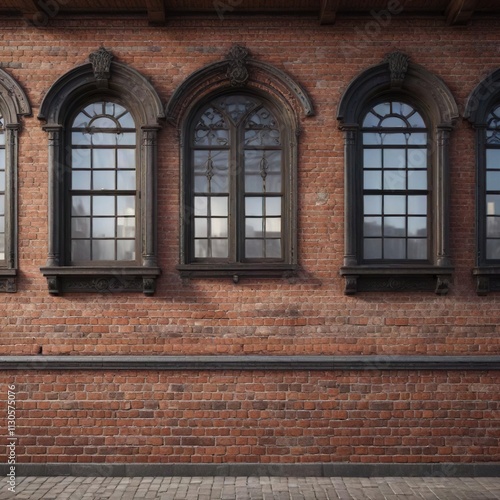 Brick wall with multiple windows and ornate details, brick wall, columns, windows