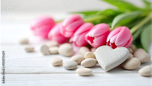 Beautiful tulips with stone heart on light wooden background, romantic composition, spring flowers, pastel colors, Valentine's Day theme