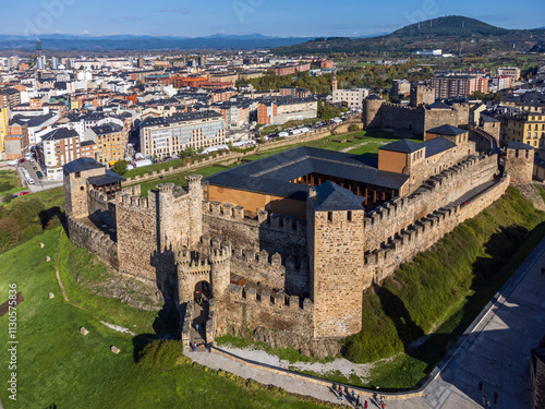 Aerial view of Ponferrada Castle (Templar Castle), Ponferrada, capital of Bierzo, Castile and Leon, Spain