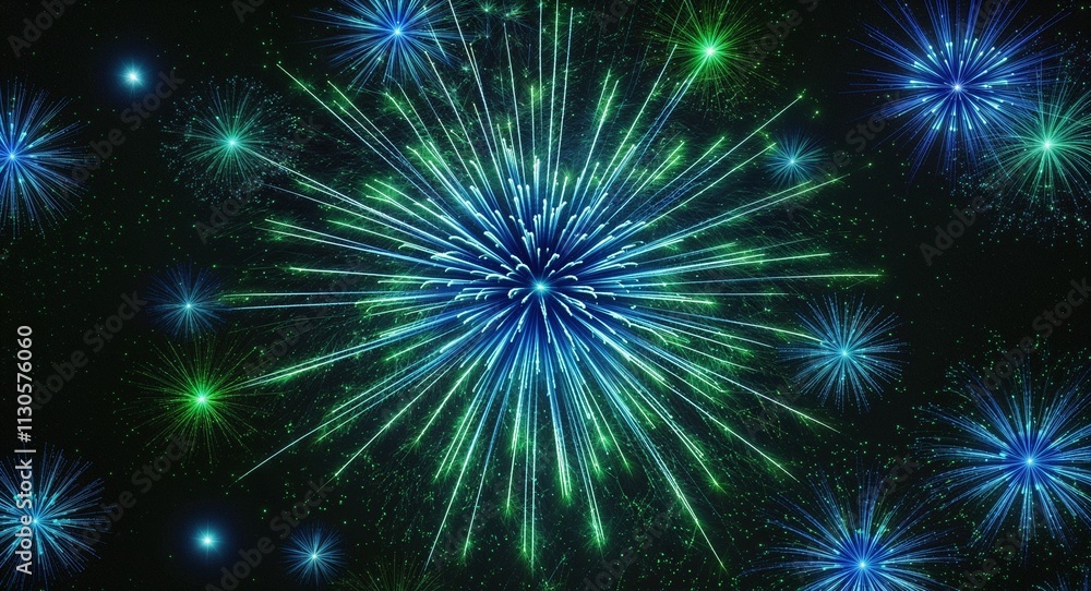 Fototapeta premium Creating mesmerizing blue and green clusters of starlike firework patterns