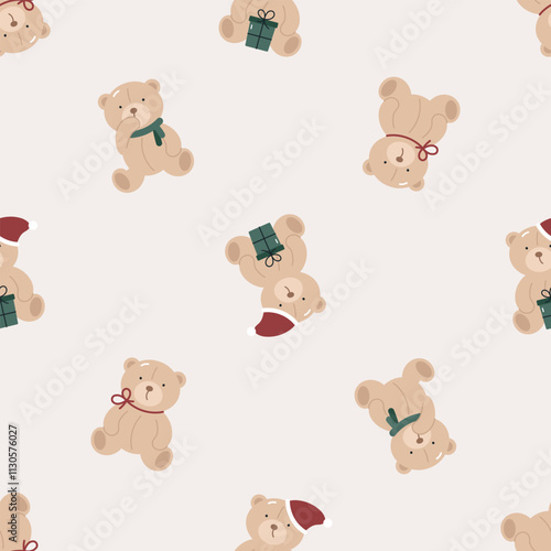 Seamless pattern with cute Christmas teddy bear. Flat vector background. Christmas design. Creative texture for fabric, wrapping, textile, wallpaper, apparel.