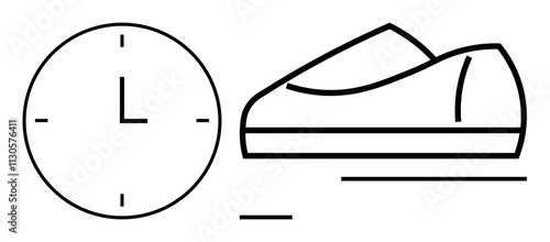 Clock indicating time beside a running shoe signifies the importance of balancing time and fitness. Ideal for time management, fitness goals, sports scheduling, workout planning, personal discipline