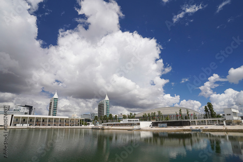 Olivais Dock in Parque das Nacoes aka Nations Park. View of Pavilion of Portugal. Atlantico Arena Sao Rafael Towers. Expo in Lisbon. photo