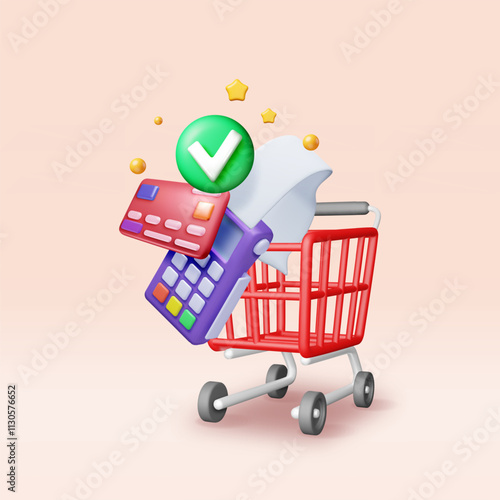3D payment terminal with card and shopping cart. Render modern POS bank payment device. Payment NFC keypad machine. Credit debit card reader. Contactless payment transaction. Vector illustration