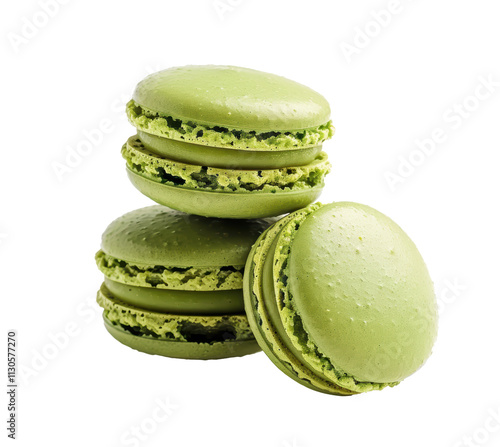 French macarons isolated on transparent background. Sweet, pistachio dessert. Stack of traditional sugar snacks