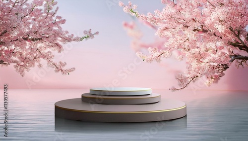 Elegant 3D Podium for Product Display with a Cherry Blossom Backdrop