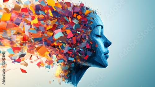 Abstract silhouette of a human head filled with colorful shapes. Generative AI.