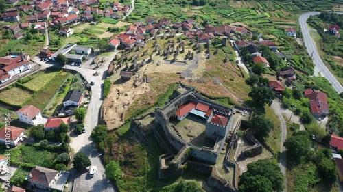 Drone aerial view on granaries near the Castle de Lindoso, medieval castle in the district of Viana do Castelo in Portugal. photo