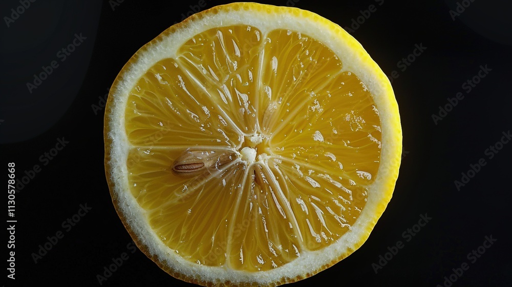 A sliced lemon showing its juicy interior on a solid black background.