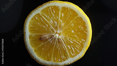 Obraz na płótnie A sliced lemon showing its juicy interior on a solid black background. w salonie